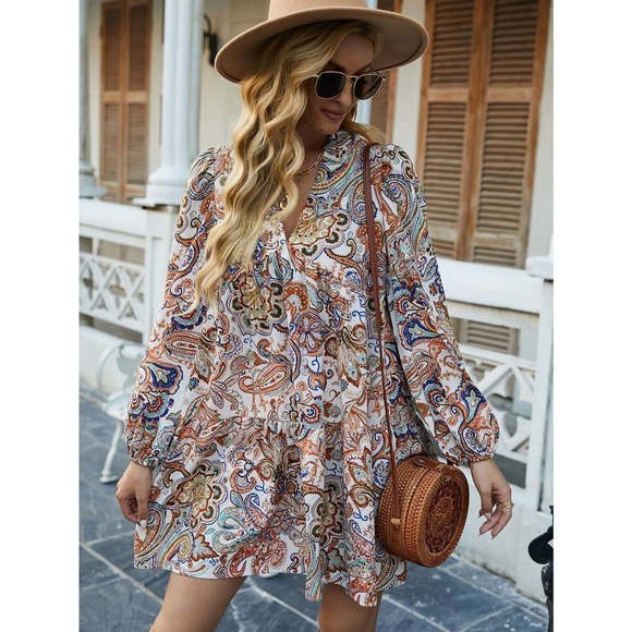 Paisley Print Ruffle Hem boho long sleeve Smock Dress cream - Picture 4 of 6